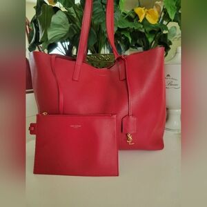 Saint Laurent Large Red Leather Tote with Pouch